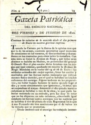 'Gazeta Patriótica del exército nacional' - Número 4 - 1820 febrero 2