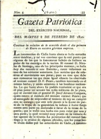 'Gazeta Patriótica del exército nacional' - Número 5 - 1820 febrero 8