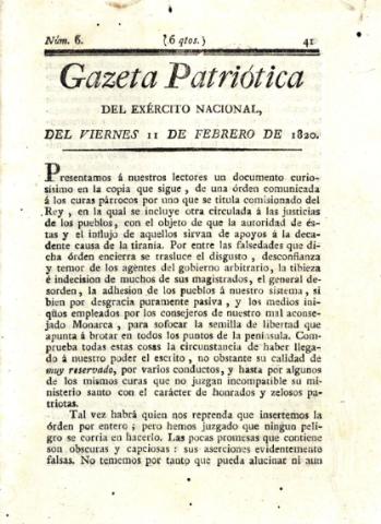 'Gazeta Patriótica del exército nacional' - Número 6 - 1820 febrero 11