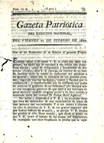 'Gazeta Patriótica del exército nacional' - Número 10 - 1820 febrero 25