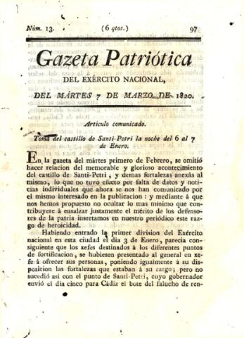'Gazeta Patriótica del exército nacional' - Número 13 - 1820 marzo 13