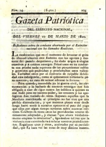 'Gazeta Patriótica del exército nacional' - Número 14 - 1820 marzo 10