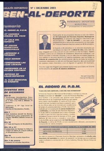 'BEN-AL-DEPORTE  : magazín deportivo / Patronato Deportivo Municipal' - Número 1 - 2003 diciembre 1
