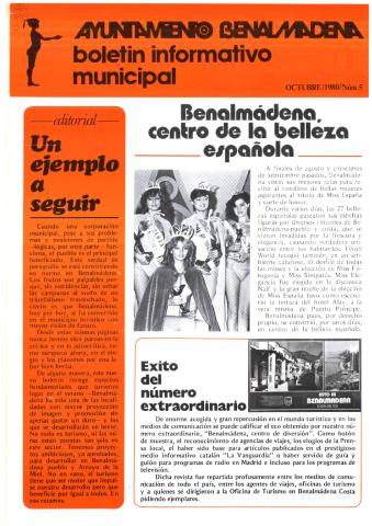 'Ayuntamiento Benalmádena  : boletín informativo municipal' - Número 5 - 1980 octubre 1