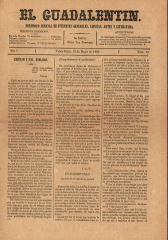 'El Guadalentin : Periódico Semanal Literario y de Intereses Generales' - Año 1 Número 13 - 1883 mayo 13