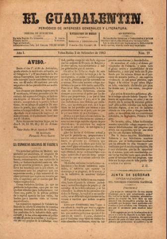 'El Guadalentin : Periódico Semanal Literario y de Intereses Generales' - Año 1 Número 27 - 1883 septiembre 02