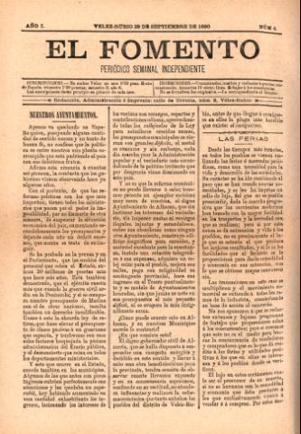 'El fomento : Semanario Independiente, continuación del anterior.' - Año 1 Número 4 - 1890 septiembre 28