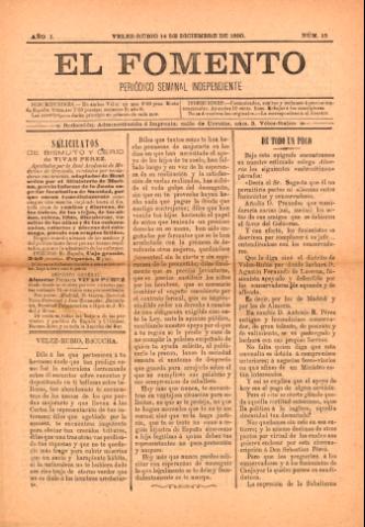 'El fomento : Semanario Independiente, continuación del anterior.' - Año 1 Número 15 - 1890 diciembre 14
