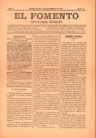 'El fomento : Semanario Independiente, continuación del anterior.' - Año 1 Número 16 - 1890 diciembre 21