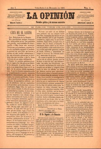 'La Opinión : Periódico político y de intereses materiales' - Año 1 Número 4 - 1895 diciembre 05