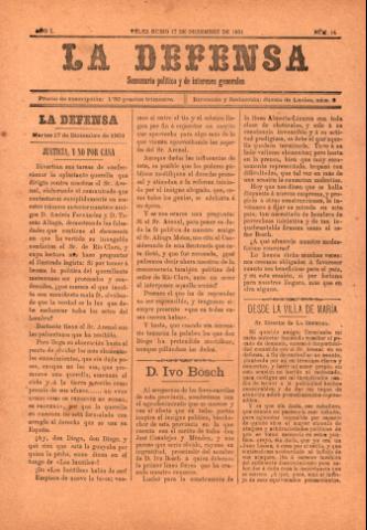 'La defensa : Semanario Político y de Intereses Generales' - Año 1 Número 14 - 1901 diciembre 17