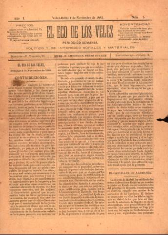 'El eco de los Vélez : Periódico Semanal, Político y de Intereses Morales y Materiales' - Año 1 Número 5 - 1885 noviembre 01