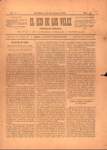 'El eco de los Vélez : Periódico Semanal, Político y de Intereses Morales y Materiales' - Año 1 Número 6 - 1885 noviembre 08