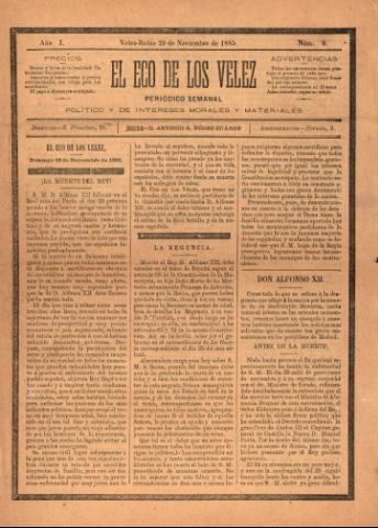 'El eco de los Vélez : Periódico Semanal, Político y de Intereses Morales y Materiales' - Año 1 Número 9 - 1885 noviembre 29