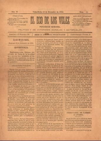 'El eco de los Vélez : Periódico Semanal, Político y de Intereses Morales y Materiales' - Año 1 Número 11 - 1885 diciembre 13