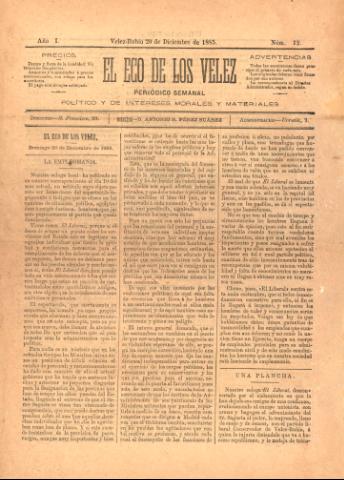 'El eco de los Vélez : Periódico Semanal, Político y de Intereses Morales y Materiales' - Año 1 Número 12 - 1885 diciembre 20