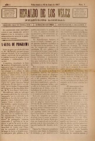 'Heraldo de los Vélez : periódico liberal' - Año 1 Número 1 - 1917 junio 10