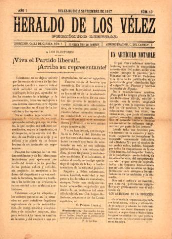 'Heraldo de los Vélez : periódico liberal' - Año 1 Número 13 - 1917 septiembre 02