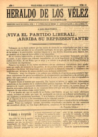 'Heraldo de los Vélez : periódico liberal' - Año 1 Número 15 - 1917 septiembre 16