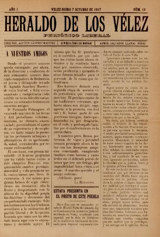 'Heraldo de los Vélez : periódico liberal' - Año 1 Número 18 - 1917 octubre 07