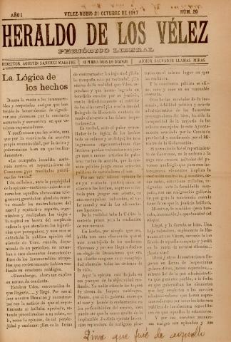 'Heraldo de los Vélez : periódico liberal' - Año 1 Número 20 - 1917 octubre 21