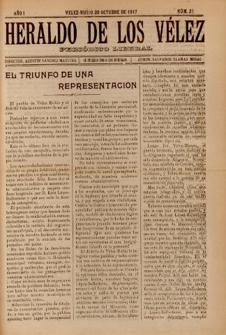 'Heraldo de los Vélez : periódico liberal' - Año 1 Número 21 - 1917 octubre 28