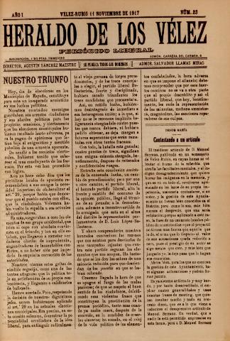 'Heraldo de los Vélez : periódico liberal' - Año 1 Número 23 - 1917 noviembre 11