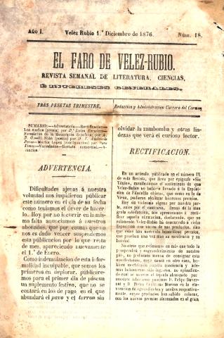 'El faro de Vélez Rubio : revista semanal de literatura, ciencias e intereses generales' - Año 1 Número 18 - 1876 diciembre 01