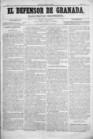'El Defensor de Granada  : diario político independiente' - Año I Número 73  - 1880 Diciembre 11