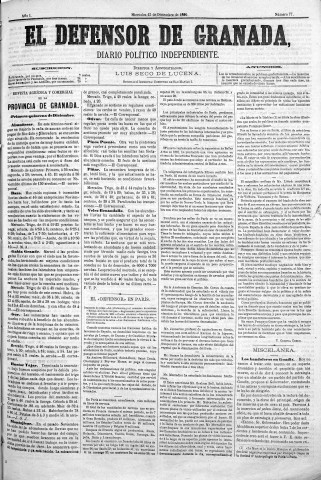 'El Defensor de Granada  : diario político independiente' - Año I Número 77  - 1880 Diciembre 15