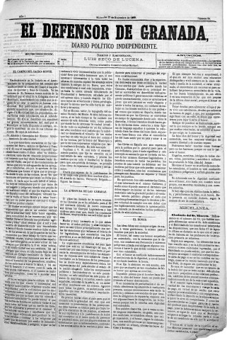 'El Defensor de Granada  : diario político independiente' - Año I Número 84  - 1880 Diciembre 22