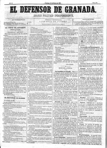 'El Defensor de Granada  : diario político independiente' - Año II Número 108  - 1881 Enero 16