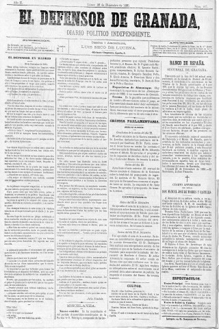 'El Defensor de Granada  : diario político independiente' - Año II Número 447  - 1881 Diciembre 26