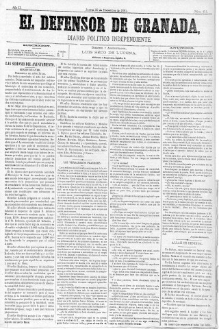 'El Defensor de Granada  : diario político independiente' - Año II Número 451  - 1881 Diciembre 29