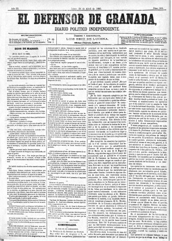 'El Defensor de Granada  : diario político independiente' - Año III Número 566  - 1882 Abril 24