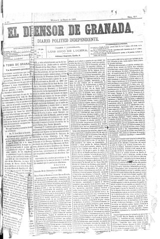 'El Defensor de Granada  : diario político independiente' - Año IV Número 817  - 1883 Enero 02