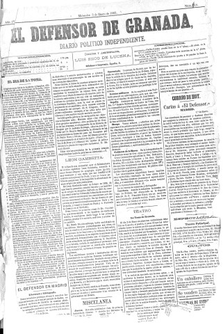 'El Defensor de Granada  : diario político independiente' - Año IV Número 818  - 1883 Enero 03