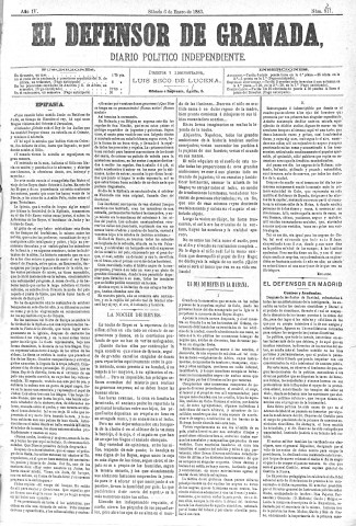 'El Defensor de Granada  : diario político independiente' - Año IV Número 821  - 1883 Enero 06