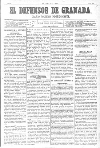 'El Defensor de Granada  : diario político independiente' - Año IV Número 828  - 1883 Enero 13