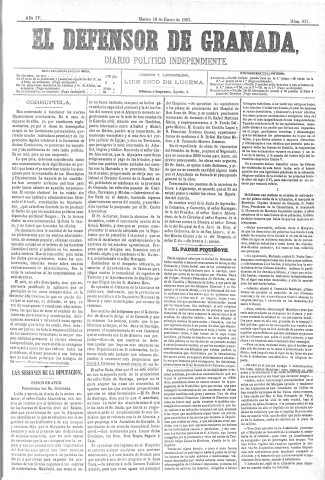 'El Defensor de Granada  : diario político independiente' - Año IV Número 831  - 1883 Enero 16