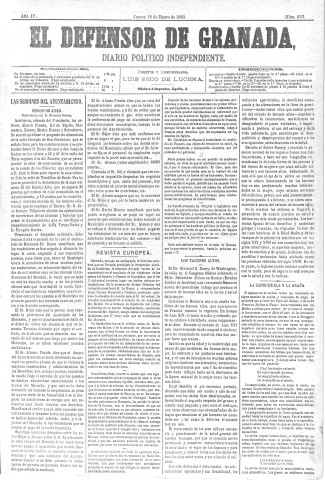 'El Defensor de Granada  : diario político independiente' - Año IV Número 833  - 1883 Enero 18
