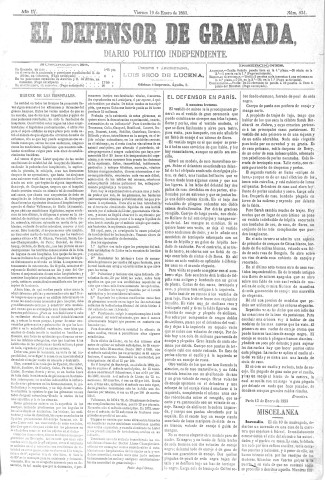 'El Defensor de Granada  : diario político independiente' - Año IV Número 834  - 1883 Enero 19