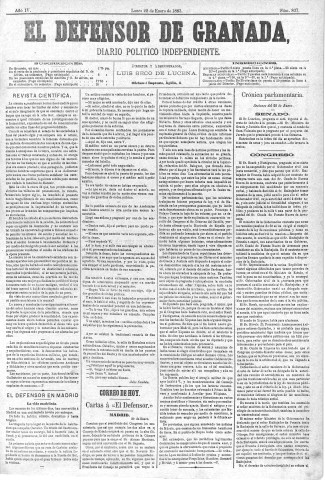 'El Defensor de Granada  : diario político independiente' - Año IV Número 837  - 1883 Enero 22