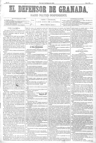 'El Defensor de Granada  : diario político independiente' - Año IV Número 850  - 1883 Febrero 04