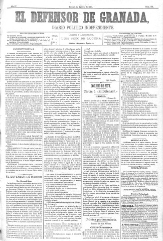 'El Defensor de Granada  : diario político independiente' - Año IV Número 851  - 1883 Febrero 05