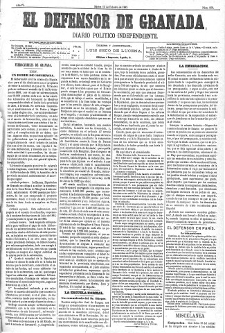 'El Defensor de Granada  : diario político independiente' - Año IV Número 859  - 1883 Febrero 13
