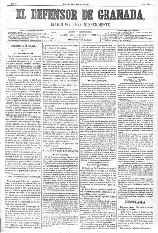 'El Defensor de Granada  : diario político independiente' - Año IV Número 860  - 1883 Febrero 14