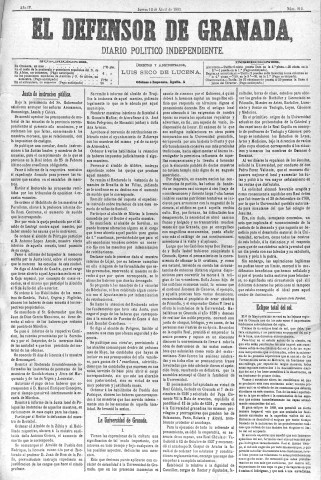 'El Defensor de Granada  : diario político independiente' - Año IV Número 916  - 1883 Abril 12