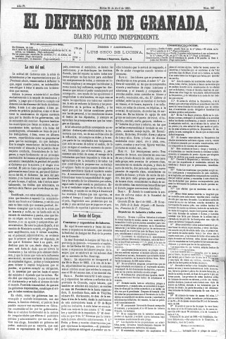 'El Defensor de Granada  : diario político independiente' - Año IV Número 927  - 1883 Abril 24