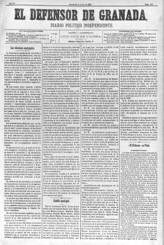 'El Defensor de Granada  : diario político independiente' - Año IV Número 930  - 1883 Abril 26